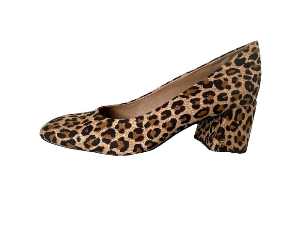 Sam & Libby Gianella Leopard Animal Print Fabric Block Heel Shoes Sz 7.5